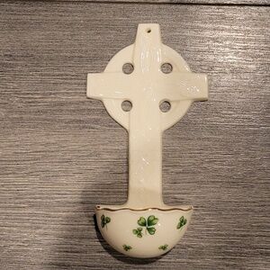 Ceramic Celtic Holy Water Font with Shamrock Motif, Holy Water Included
